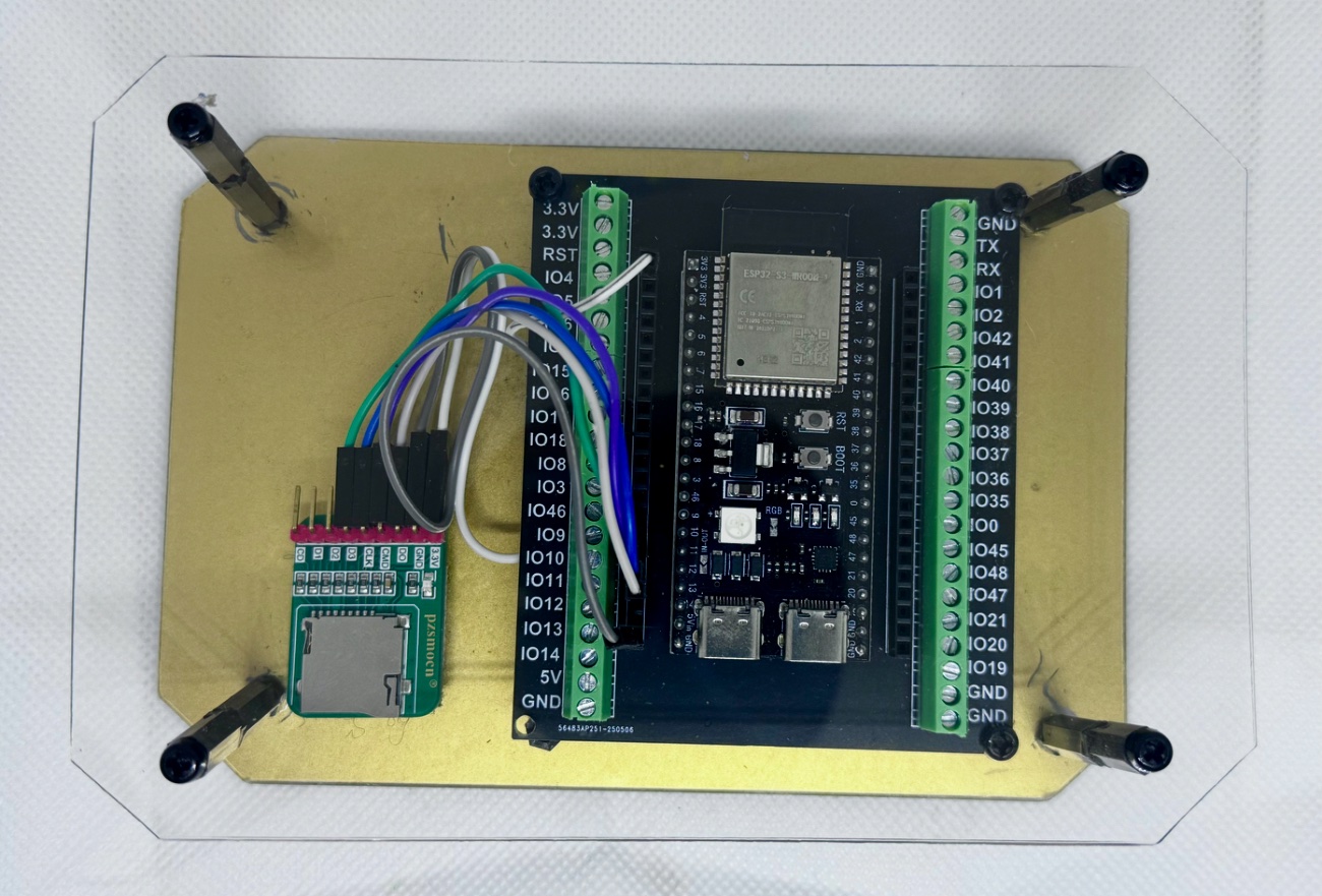 Top-down view of the PianoHack board showing the ESP32-S3 and micro-SD reader